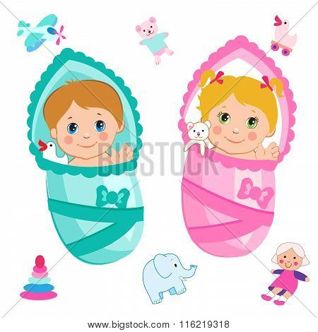 baby girl and baby boy cartoon vector on a white background baby baby girl poster