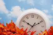 stock photo of tick tock  - white clock on fall leaves sky background - JPG 