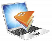 picture of book  - Book icon coming out of laptop screen concept for ebooks reader apps online database elearning - JPG 