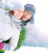stock photo of outdoor  - Happy Couple Having Fun Outdoors - JPG 
