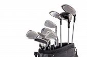 stock photo of golf  - set of metal golf clubs in bag up close isolated on white background - JPG 