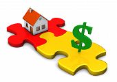 stock photo of puzzle  - A house with two puzzle pieces and green symbol of dollar - JPG 