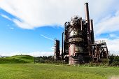 image of industrial  - machineries and storage units in a gas industry at gas works park Seattle - JPG 