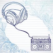 pic of headphones  - Hand drawn boom box and headphones surrounded by paisley shapes - JPG 