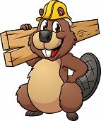 picture of construction  - Cute cartoon beaver wearing a construction hat and holding a plank of wood - JPG 