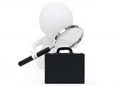 pic of humanoid  - 3d humanoid character with a magnifier looks at an briefcase - JPG 