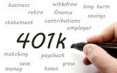 picture of money  - 401k being handwritten around great terms such as retirement business account money save and more - JPG 