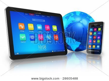 Picture or Photo of Wireless communication concept: tablet PC and touchscreen smartphone with blue Earth globe isolated on white background