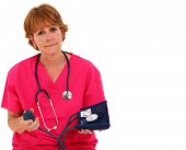 stock photo of pressure  - Nurse Sitting While Holding A Blood Pressure Monitor - JPG 