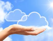 stock photo of computer  - Hand with cloud computing symbol against blue sky - JPG 