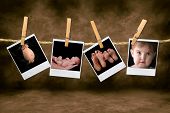 picture of  photo  - Photos of an Newborn Infant and Pregnancy Shots Hanging on a Rope With Clothespins - JPG 