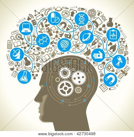 Picture or Photo of Human head and icons of science. The concept of scientific discoveries. The idea of learning. Modern technological solutions