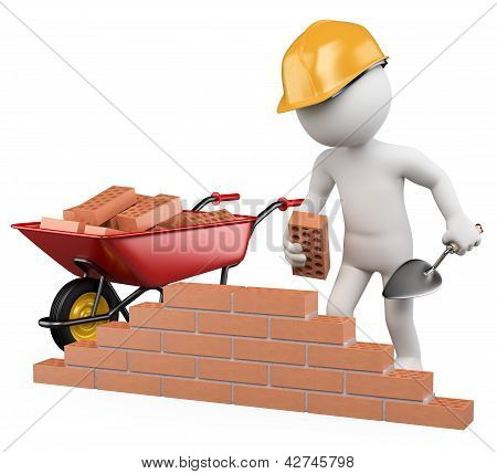 Picture or Photo of 3d white worker building a brick wall. 3d image. Isolated white background.