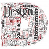 Conceptual creativity art graphic identity design visual letter font D word cloud isolated background. Collage of advertising, decorative, fashion, inspiration, vision, perspective modeling