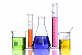 pic of science  - Beakers and laboratory glassware isolated over white background with reflections  - JPG 