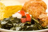 pic of food  - Fried Chicken served with collard greens and cornbread
 - JPG 