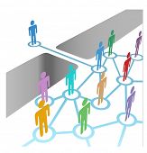 foto of merger  - Diverse people bridge a gap to connect and join social media network or merger team - JPG 