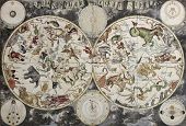 image of map  - Old sky map depicting boreal and austral hemispheres with constellations and zodiac signs - JPG 