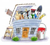 image of home  - Cartoon illustration of a house full of home project items - JPG 