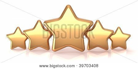 Picture or Photo of Gold stars five golden star service award business success decoration abstract. Best top quality rating excellent favorite favorite winner concept. Detailed 3d render. Isolated on white background