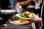 stock photo of food  - a person in line with their food during a banquet or other catered event - JPG 