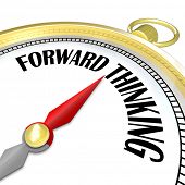 image of strategy  - A compass with the words Forward Thinking to guide a group or team to victory with successful planning and strategy - JPG 