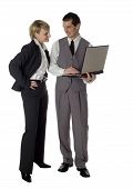 foto of business people  - young business couple with laptop on white - JPG 