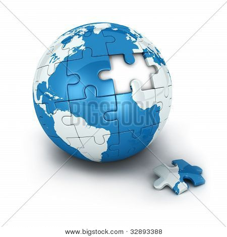 Picture or Photo of Blue earth of puzzle with one piece missing, isolated white background, 3d image