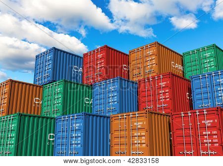 Picture or Photo of Stacked cargo containers in storage area of freight sea port terminal