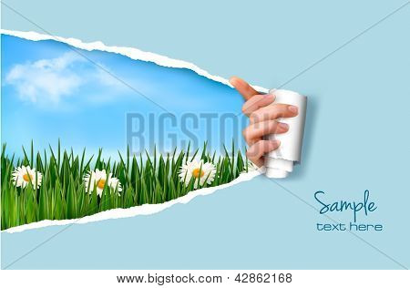 Picture or Photo of Nature background with green grass and sky and ripped paper. Vector illustration.