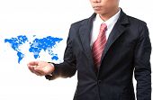 pic of world  - business man and hand holding world map of data and information network - JPG 