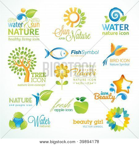 Picture or Photo of Set of vector icon for nature, food and drink, beauty, cosmetics, spa, organic product, animals, flowers and tree