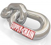 stock photo of linked  - The words Supply Chain on connected links to symbolize management of manufacturer and supplier companies for a streamlined and organized process serving customers - JPG 