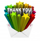 picture of burst  - An envelope opening to show a burst of stars and the words Thank You to show appreciation for help given or a job well done - JPG 