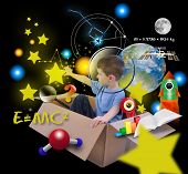 stock photo of science  - A young boy is using his imagine in a box imagining he is an astronaut in space and grabbing stars in the sky with math and science icons around him on a black background for an education concept - JPG 