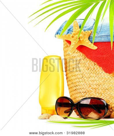 Picture or Photo of Conceptual summer fun border, beach items isolated on white background, summertime tropical vacation and travel, women
