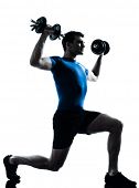 stock photo of fitness  - one caucasian man exercising weight training workout fitness in silhouette studio  isolated on white background - JPG 