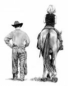 image of horse  - My pencil drawing of a cowboy walking alongside a young girl seated on a horse - JPG 