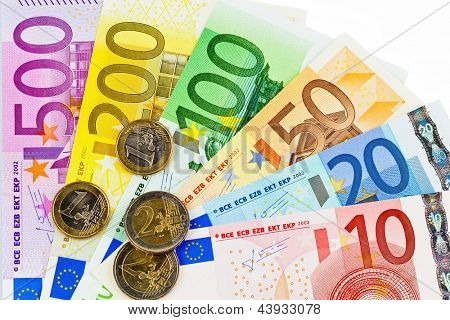 Picture or Photo of Euro money banknotes of the european union. a fan made of euro money isolated against white background.